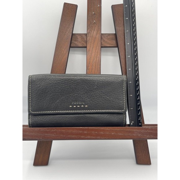 Fossil Popstitch Soft Black Leather Trifold Wallet & Checkbook Cover 7x3 - Picture 2 of 8